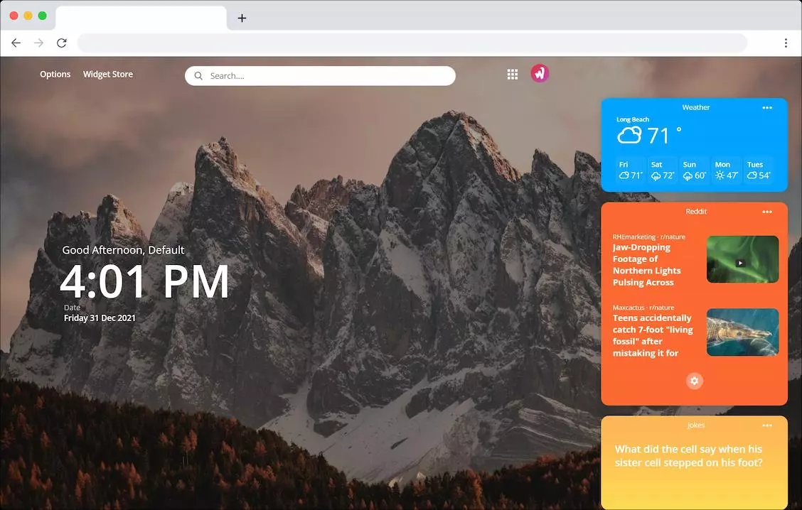 Widgity browser extension with custom background and 3 widgets on the right side from top to bottom weather widget, reddit widget, and jokes widget.